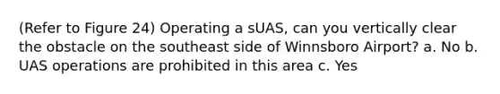 (Refer to Figure 24) Operating a sUAS, can you vertically clear the obstacle on the southeast side of Winnsboro Airport? a. No b. UAS operations are prohibited in this area c. Yes