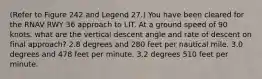 (Refer to Figure 242 and Legend 27.) You have been cleared for the RNAV RWY 36 approach to LIT. At a ground speed of 90 knots, what are the vertical descent angle and rate of descent on final approach? 2.8 degrees and 280 feet per nautical mile. 3.0 degrees and 478 feet per minute. 3.2 degrees 510 feet per minute.