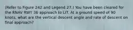 (Refer to Figure 242 and Legend 27.) You have been cleared for the RNAV RWY 36 approach to LIT. At a ground speed of 90 knots, what are the vertical descent angle and rate of descent on final approach?