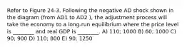 Refer to Figure 24-3. Following the negative AD shock shown in the diagram (from AD1 to AD2 ), the adjustment process will take the economy to a long-run equilibrium where the price level is ________ and real GDP is ________. A) 110; 1000 B) 60; 1000 C) 90; 900 D) 110; 800 E) 90; 1250