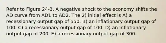 Refer to Figure 24-3. A negative shock to the economy shifts the AD curve from AD1 to AD2. The 2) initial effect is A) a recessionary output gap of 550. B) an inflationary output gap of 100. C) a recessionary output gap of 100. D) an inflationary output gap of 200. E) a recessionary output gap of 300.