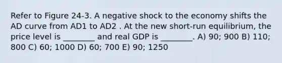 Refer to Figure 24-3. A negative shock to the economy shifts the AD curve from AD1 to AD2 . At the new short-run equilibrium, the price level is ________ and real GDP is ________. A) 90; 900 B) 110; 800 C) 60; 1000 D) 60; 700 E) 90; 1250