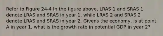 Refer to Figure 24-4 In the figure above, LRAS 1 and SRAS 1 denote LRAS and SRAS in year 1, while LRAS 2 and SRAS 2 denote LRAS and SRAS in year 2. Givens the economy, is at point A in year 1, what is the growth rate in potential GDP in year 2?