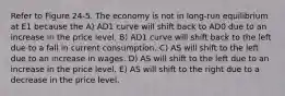 Refer to Figure 24-5. The economy is not in long-run equilibrium at E1 because the A) AD1 curve will shift back to AD0 due to an increase in the price level. B) AD1 curve will shift back to the left due to a fall in current consumption. C) AS will shift to the left due to an increase in wages. D) AS will shift to the left due to an increase in the price level. E) AS will shift to the right due to a decrease in the price level.