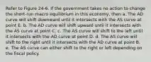 Refer to Figure 24-6. If the government takes no action to change the short-run macro equilibrium in this economy, then a. The AD curve will shift downward until it intersects with the AS curve at point E. b. The AD curve will shift upward until it intersects with the AS curve at point C. c. The AS curve will shift to the left until it intersects with the AD curve at point D. d. The AS curve will shift to the right until it intersects with the AD curve at point B. e. The AS curve can either shift to the right or left depending on the fiscal policy.