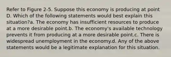 Refer to Figure 2-5. Suppose this economy is producing at point D. Which of the following statements would best explain this situation?a. The economy has insufficient resources to produce at a more desirable point.b. The economy's available technology prevents it from producing at a more desirable point.c. There is widespread unemployment in the economy.d. Any of the above statements would be a legitimate explanation for this situation.