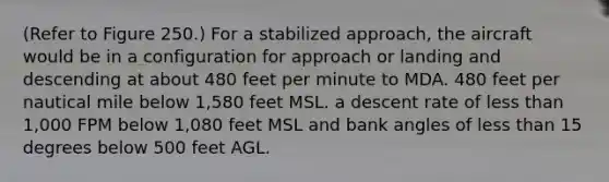 (Refer to Figure 250.) For a stabilized approach, the aircraft would be in a configuration for approach or landing and descending at about 480 feet per minute to MDA. 480 feet per nautical mile below 1,580 feet MSL. a descent rate of less than 1,000 FPM below 1,080 feet MSL and bank angles of less than 15 degrees below 500 feet AGL.