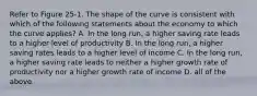 Refer to Figure 25-1. The shape of the curve is consistent with which of the following statements about the economy to which the curve applies? A. In the long run, a higher saving rate leads to a higher level of productivity B. In the long run, a higher saving rates leads to a higher level of income C. In the long run, a higher saving rate leads to neither a higher growth rate of productivity nor a higher growth rate of income D. all of the above