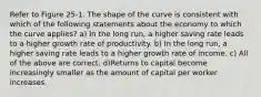 Refer to Figure 25-1. The shape of the curve is consistent with which of the following statements about the economy to which the curve applies? a) In the long run, a higher saving rate leads to a higher growth rate of productivity. b) In the long run, a higher saving rate leads to a higher growth rate of income. c) All of the above are correct. d)Returns to capital become increasingly smaller as the amount of capital per worker increases.