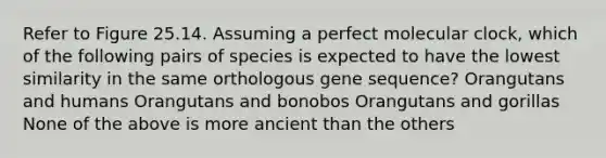 Refer to Figure 25.14. Assuming a perfect molecular clock, which of the following pairs of species is expected to have the lowest similarity in the same orthologous gene sequence? Orangutans and humans Orangutans and bonobos Orangutans and gorillas None of the above is more ancient than the others