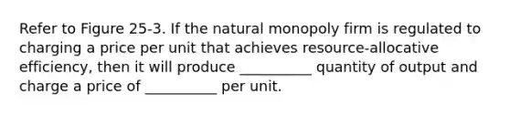 Refer to Figure 25-3. If the natural monopoly firm is regulated to charging a price per unit that achieves resource-allocative efficiency, then it will produce __________ quantity of output and charge a price of __________ per unit.