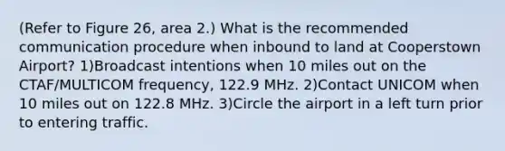 (Refer to Figure 26, area 2.) What is the recommended communication procedure when inbound to land at Cooperstown Airport? 1)Broadcast intentions when 10 miles out on the CTAF/MULTICOM frequency, 122.9 MHz. 2)Contact UNICOM when 10 miles out on 122.8 MHz. 3)Circle the airport in a left turn prior to entering traffic.