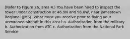 (Refer to Figure 26, area 4.) You have been hired to inspect the tower under construction at 46.9N and 98.6W, near Jamestown Regional (JMS). What must you receive prior to flying your unmanned aircraft in this area? a. Authorization from the military b. Authorization from ATC c. Authorization from the National Park Service