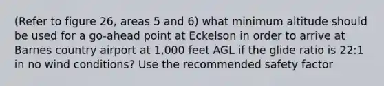 (Refer to figure 26, areas 5 and 6) what minimum altitude should be used for a go-ahead point at Eckelson in order to arrive at Barnes country airport at 1,000 feet AGL if the glide ratio is 22:1 in no wind conditions? Use the recommended safety factor