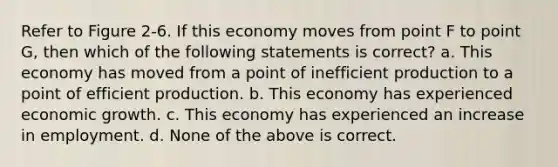 Refer to Figure 2-6. If this economy moves from point F to point G, then which of the following statements is correct? a. This economy has moved from a point of inefficient production to a point of efficient production. b. This economy has experienced economic growth. c. This economy has experienced an increase in employment. d. None of the above is correct.