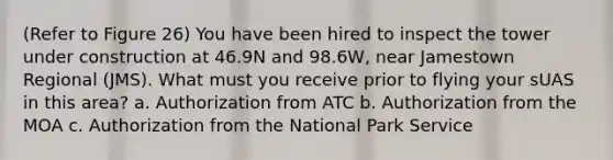 (Refer to Figure 26) You have been hired to inspect the tower under construction at 46.9N and 98.6W, near Jamestown Regional (JMS). What must you receive prior to flying your sUAS in this area? a. Authorization from ATC b. Authorization from the MOA c. Authorization from the National Park Service