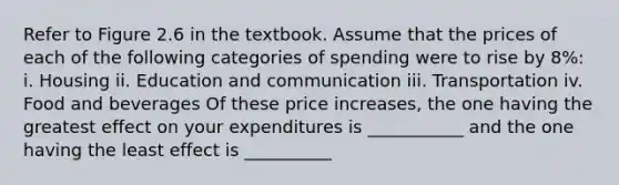 Refer to Figure 2.6 in the textbook. Assume that the prices of each of the following categories of spending were to rise by 8%: i. Housing ii. Education and communication iii. Transportation iv. Food and beverages Of these price​ increases, the one having the greatest effect on your expenditures is ___________ and the one having the least effect is __________