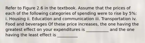 Refer to Figure 2.6 in the textbook. Assume that the prices of each of the following categories of spending were to rise by 5%: i. Housing ii. Education and communication iii. Transportation iv. Food and beverages Of these price​ increases, the one having the greatest effect on your expenditures is ___________ and the one having the least effect is __________