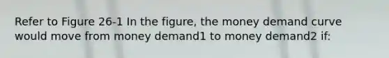 Refer to Figure 26-1 In the figure, the money demand curve would move from money demand1 to money demand2 if: