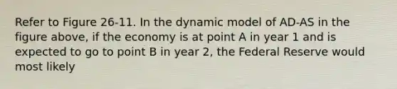 Refer to Figure 26-11. In the dynamic model of AD-AS in the figure above, if the economy is at point A in year 1 and is expected to go to point B in year 2, the Federal Reserve would most likely