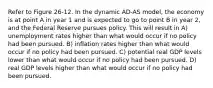 Refer to Figure 26-12. In the dynamic AD-AS model, the economy is at point A in year 1 and is expected to go to point B in year 2, and the Federal Reserve pursues policy. This will result in A) unemployment rates higher than what would occur if no policy had been pursued. B) inflation rates higher than what would occur if no policy had been pursued. C) potential real GDP levels lower than what would occur if no policy had been pursued. D) real GDP levels higher than what would occur if no policy had been pursued.