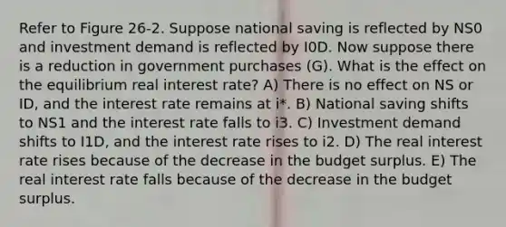 Refer to Figure 26-2. Suppose national saving is reflected by NS0 and investment demand is reflected by I0D. Now suppose there is a reduction in government purchases (G). What is the effect on the equilibrium real interest rate? A) There is no effect on NS or ID, and the interest rate remains at i*. B) National saving shifts to NS1 and the interest rate falls to i3. C) Investment demand shifts to I1D, and the interest rate rises to i2. D) The real interest rate rises because of the decrease in the budget surplus. E) The real interest rate falls because of the decrease in the budget surplus.