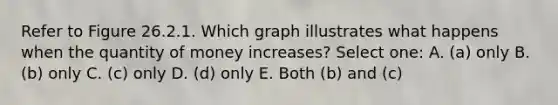 Refer to Figure 26.2.1. Which graph illustrates what happens when the quantity of money increases? Select one: A. (a) only B. (b) only C. (c) only D. (d) only E. Both (b) and (c)