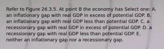 Refer to Figure 26.3.5. At point B the economy has Select one: A. an inflationary gap with real GDP in excess of potential GDP. B. an inflationary gap with real GDP less than potential GDP. C. a recessionary gap with real GDP in excess of potential GDP. D. a recessionary gap with real GDP less than potential GDP. E. neither an inflationary gap nor a recessionary gap.