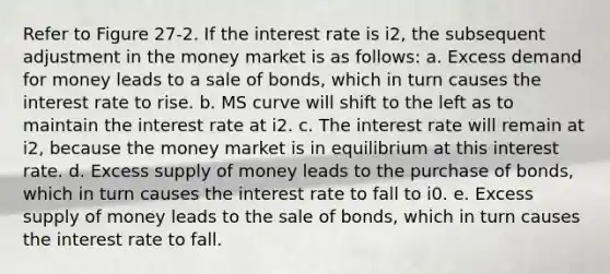 Refer to Figure 27-2. If the interest rate is i2, the subsequent adjustment in the money market is as follows: a. Excess demand for money leads to a sale of bonds, which in turn causes the interest rate to rise. b. MS curve will shift to the left as to maintain the interest rate at i2. c. The interest rate will remain at i2, because the money market is in equilibrium at this interest rate. d. Excess supply of money leads to the purchase of bonds, which in turn causes the interest rate to fall to i0. e. Excess supply of money leads to the sale of bonds, which in turn causes the interest rate to fall.