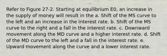 Refer to Figure 27-2. Starting at equilibrium E0, an increase in the supply of money will result in the a. Shift of the MS curve to the left and an increase in the interest rate. b. Shift of the MS curve to the right and a fall in the interest rate. c. Downward movement along the MD curve and a higher interest rate. d. Shift of the MD curve to the left and a fall in the interest rate. e. Upward movement along the curve and a lower interest rate.