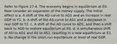 Refer to Figure 27-4. The economy begins in equilibrium at E0. Now consider an expansion of the money supply. The initial effect is a. A shift of the AD curve to AD1 and an increase in real GDP to Y1. b. A shift of the AS curve to AS1 and a decrease in real GDP to Y2. c. A shift of the AD curve to AD1, and then a shift back to AD0 to restore equilibrium at E0. d. A simultaneous shift of AD to AD1 and AS to AS1, resulting in a new equilibrium at E2. e. No change in the short-run equilibrium or level of real GDP.