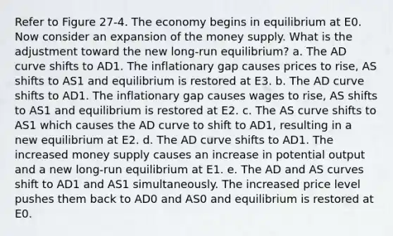 Refer to Figure 27-4. The economy begins in equilibrium at E0. Now consider an expansion of the money supply. What is the adjustment toward the new long-run equilibrium? a. The AD curve shifts to AD1. The inflationary gap causes prices to rise, AS shifts to AS1 and equilibrium is restored at E3. b. The AD curve shifts to AD1. The inflationary gap causes wages to rise, AS shifts to AS1 and equilibrium is restored at E2. c. The AS curve shifts to AS1 which causes the AD curve to shift to AD1, resulting in a new equilibrium at E2. d. The AD curve shifts to AD1. The increased money supply causes an increase in potential output and a new long-run equilibrium at E1. e. The AD and AS curves shift to AD1 and AS1 simultaneously. The increased price level pushes them back to AD0 and AS0 and equilibrium is restored at E0.