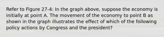 Refer to Figure 27-4: In the graph above, suppose the economy is initially at point A. The movement of the economy to point B as shown in the graph illustrates the effect of which of the following policy actions by Congress and the president?