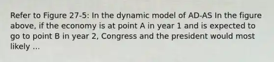 Refer to Figure 27-5: In the dynamic model of AD-AS In the figure above, if the economy is at point A in year 1 and is expected to go to point B in year 2, Congress and the president would most likely ...