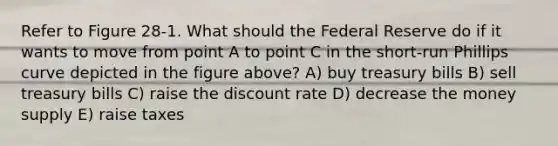 Refer to Figure 28-1. What should the Federal Reserve do if it wants to move from point A to point C in the short-run Phillips curve depicted in the figure above? A) buy treasury bills B) sell treasury bills C) raise the discount rate D) decrease the money supply E) raise taxes