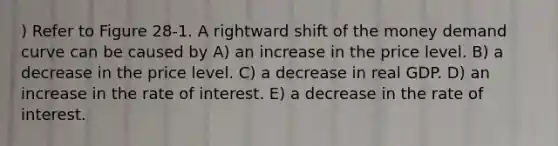 ) Refer to Figure 28-1. A rightward shift of the money demand curve can be caused by A) an increase in the price level. B) a decrease in the price level. C) a decrease in real GDP. D) an increase in the rate of interest. E) a decrease in the rate of interest.