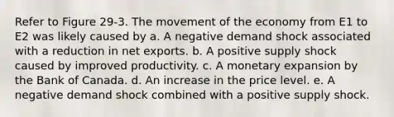 Refer to Figure 29-3. The movement of the economy from E1 to E2 was likely caused by a. A negative demand shock associated with a reduction in net exports. b. A positive supply shock caused by improved productivity. c. A monetary expansion by the Bank of Canada. d. An increase in the price level. e. A negative demand shock combined with a positive supply shock.