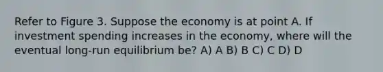 Refer to Figure 3. Suppose the economy is at point A. If investment spending increases in the economy, where will the eventual long-run equilibrium be? A) A B) B C) C D) D