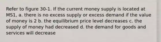 Refer to figure 30-1. If the current money supply is located at MS1, a. there is no excess supply or excess demand if the value of money is 2 b. the equilibrium price level decreases c. the supply of money had decreased d. the demand for goods and services will decrease