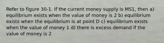 Refer to figure 30-1. If the current money supply is MS1, then a) equilibrium exists when the value of money is 2 b) equilibrium exists when the equilibrium is at point D c) equilibrium exists when the value of money 1 d) there is excess demand if the value of money is 2