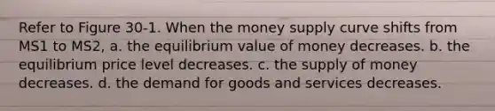 Refer to Figure 30-1. When the money supply curve shifts from MS1 to MS2, a. the equilibrium value of money decreases. b. the equilibrium price level decreases. c. the supply of money decreases. d. the demand for goods and services decreases.