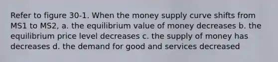 Refer to figure 30-1. When the money supply curve shifts from MS1 to MS2, a. the equilibrium value of money decreases b. the equilibrium price level decreases c. the supply of money has decreases d. the demand for good and services decreased