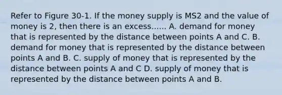 Refer to Figure 30-1. If the money supply is MS2 and the value of money is 2, then there is an excess...... A. demand for money that is represented by the distance between points A and C. B. demand for money that is represented by the distance between points A and B. C. supply of money that is represented by the distance between points A and C D. supply of money that is represented by the distance between points A and B.