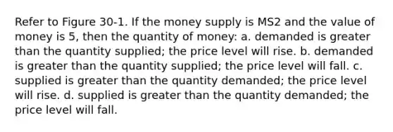 Refer to Figure 30-1. If the money supply is MS2 and the value of money is 5, then the quantity of money: a. demanded is greater than the quantity supplied; the price level will rise. b. demanded is greater than the quantity supplied; the price level will fall. c. supplied is greater than the quantity demanded; the price level will rise. d. supplied is greater than the quantity demanded; the price level will fall.