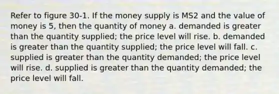 Refer to figure 30-1. If the money supply is MS2 and the value of money is 5, then the quantity of money a. demanded is greater than the quantity supplied; the price level will rise. b. demanded is greater than the quantity supplied; the price level will fall. c. supplied is greater than the quantity demanded; the price level will rise. d. supplied is greater than the quantity demanded; the price level will fall.