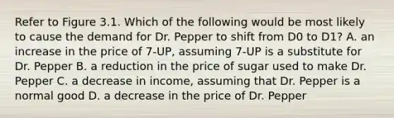 Refer to Figure 3.1. Which of the following would be most likely to cause the demand for Dr. Pepper to shift from D0 to D1? A. an increase in the price of 7-UP, assuming 7-UP is a substitute for Dr. Pepper B. a reduction in the price of sugar used to make Dr. Pepper C. a decrease in income, assuming that Dr. Pepper is a normal good D. a decrease in the price of Dr. Pepper