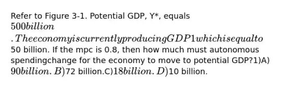 Refer to Figure 3-1. Potential GDP, Y*, equals 500 billion. The economy is currently producingGDP1 which is equal to50 billion. If the mpc is 0.8, then how much must autonomous spendingchange for the economy to move to potential GDP?1)A)90 billion.B)72 billion.C)18 billion.D)10 billion.