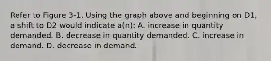 Refer to Figure 3-1. Using the graph above and beginning on D1, a shift to D2 would indicate a(n): A. increase in quantity demanded. B. decrease in quantity demanded. C. increase in demand. D. decrease in demand.