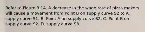 Refer to Figure 3.14. A decrease in the wage rate of pizza makers will cause a movement from Point B on supply curve S2 to A. supply curve S1. B. Point A on supply curve S2. C. Point B on supply curve S2. D. supply curve S3.