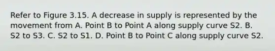 Refer to Figure 3.15. A decrease in supply is represented by the movement from A. Point B to Point A along supply curve S2. B. S2 to S3. C. S2 to S1. D. Point B to Point C along supply curve S2.